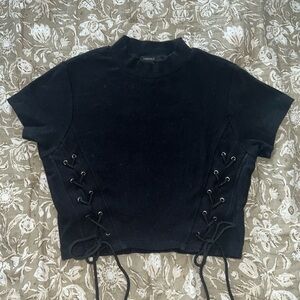 Black Cropped Tee with Front-tie Lacing